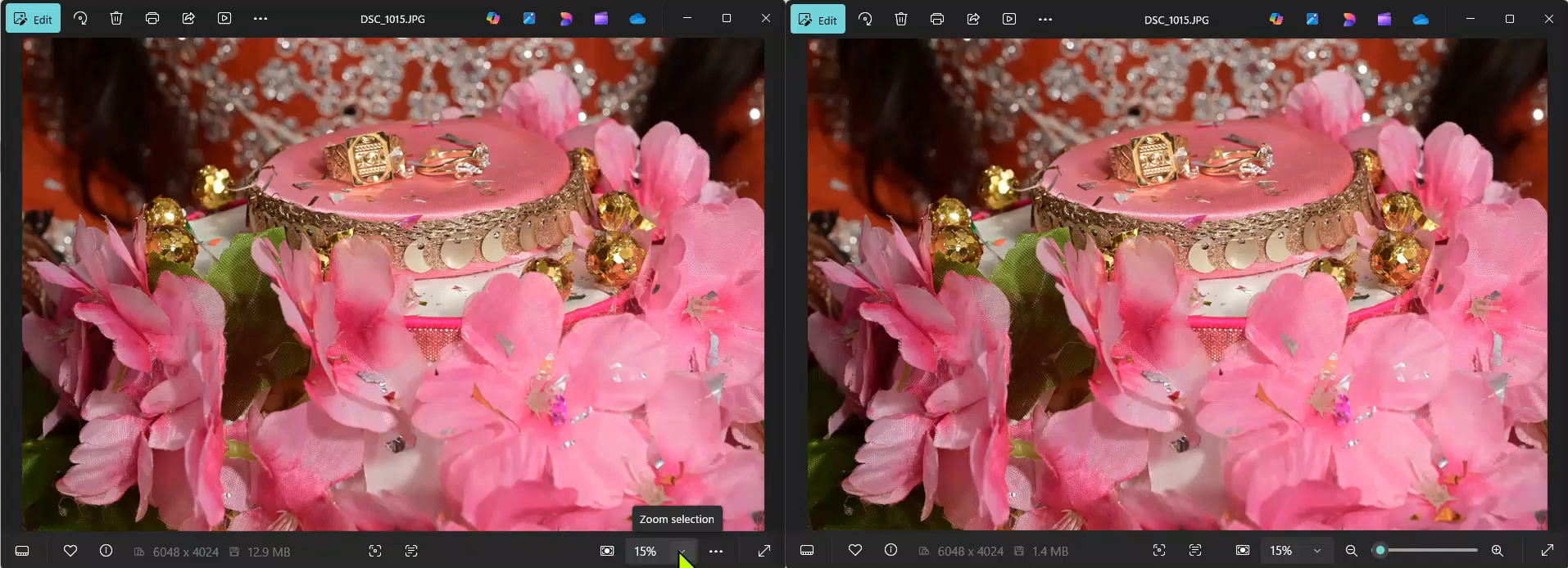 Side-by-side comparison of an original 12.9 MB photo and the same photo compressed to 1.4 MB with preserved quality